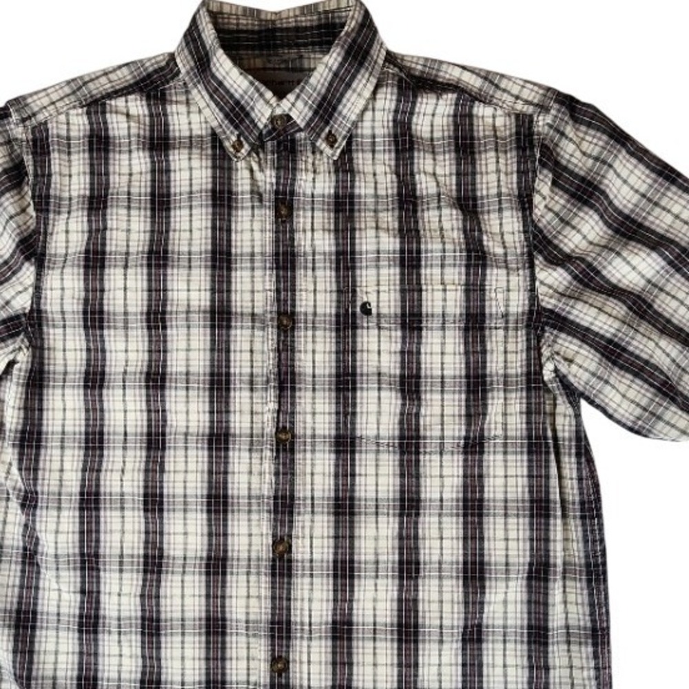 Carhartt Mens Relaxed Fit Plaid Short Sleeve Button Down Shirt Black Grey Medium
